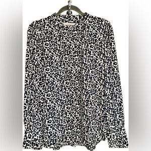 LOFT long sleeve blouse, button front, mandarin collar, black white & pale pink.